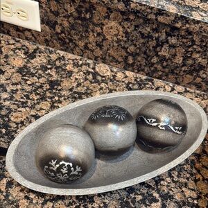 Decorative Silver and Black Spheres with Tray